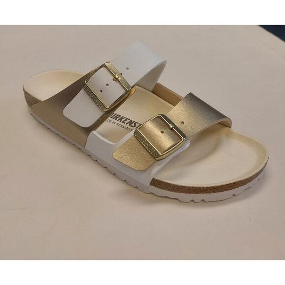 Birkenstock Arizona Split Birko-Flor Womens 10 Mens 8 Sandals Gold White EU 41 - Picture 1 of 9